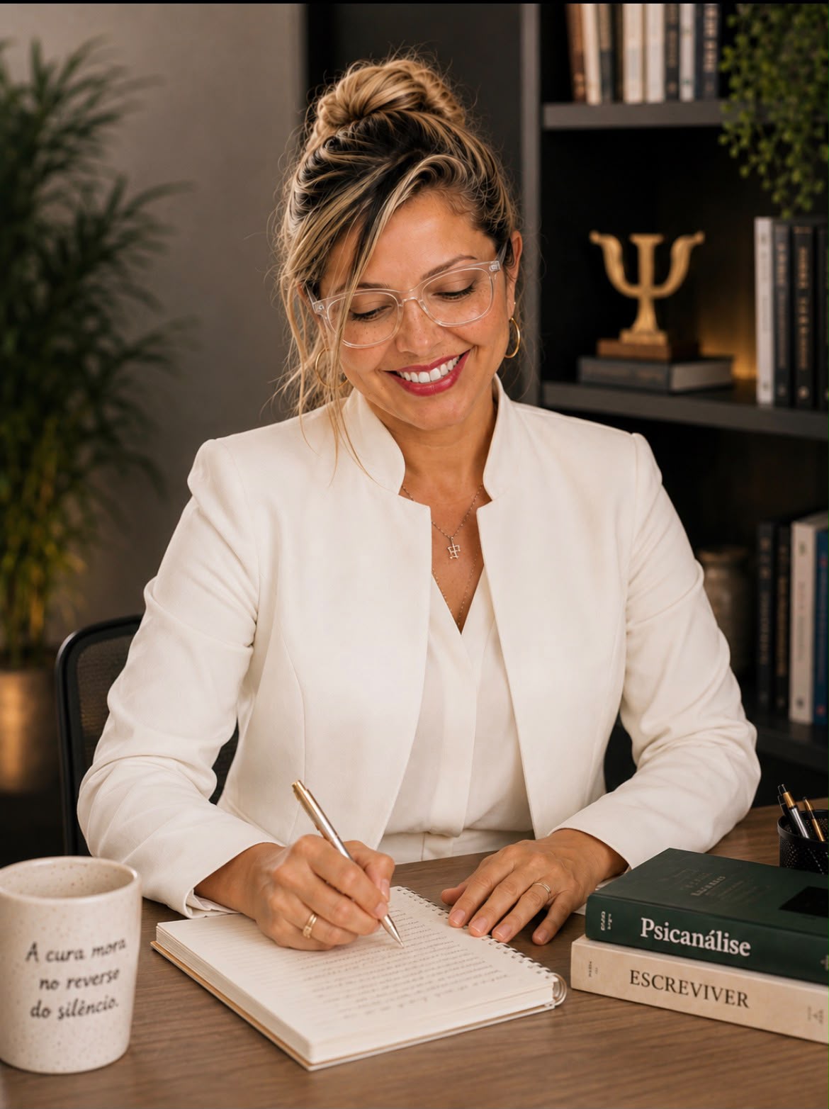 Marília Teixeira escrevendo em um caderno