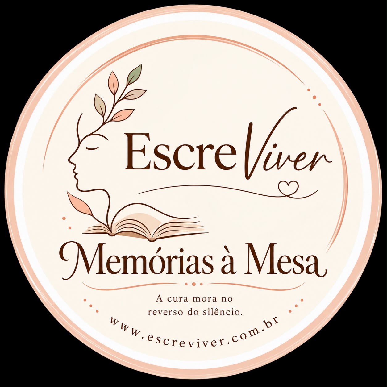 Logo do Memórias à Mesa: rosto em perfil saindo de um livro aberto, com ramo de folhas