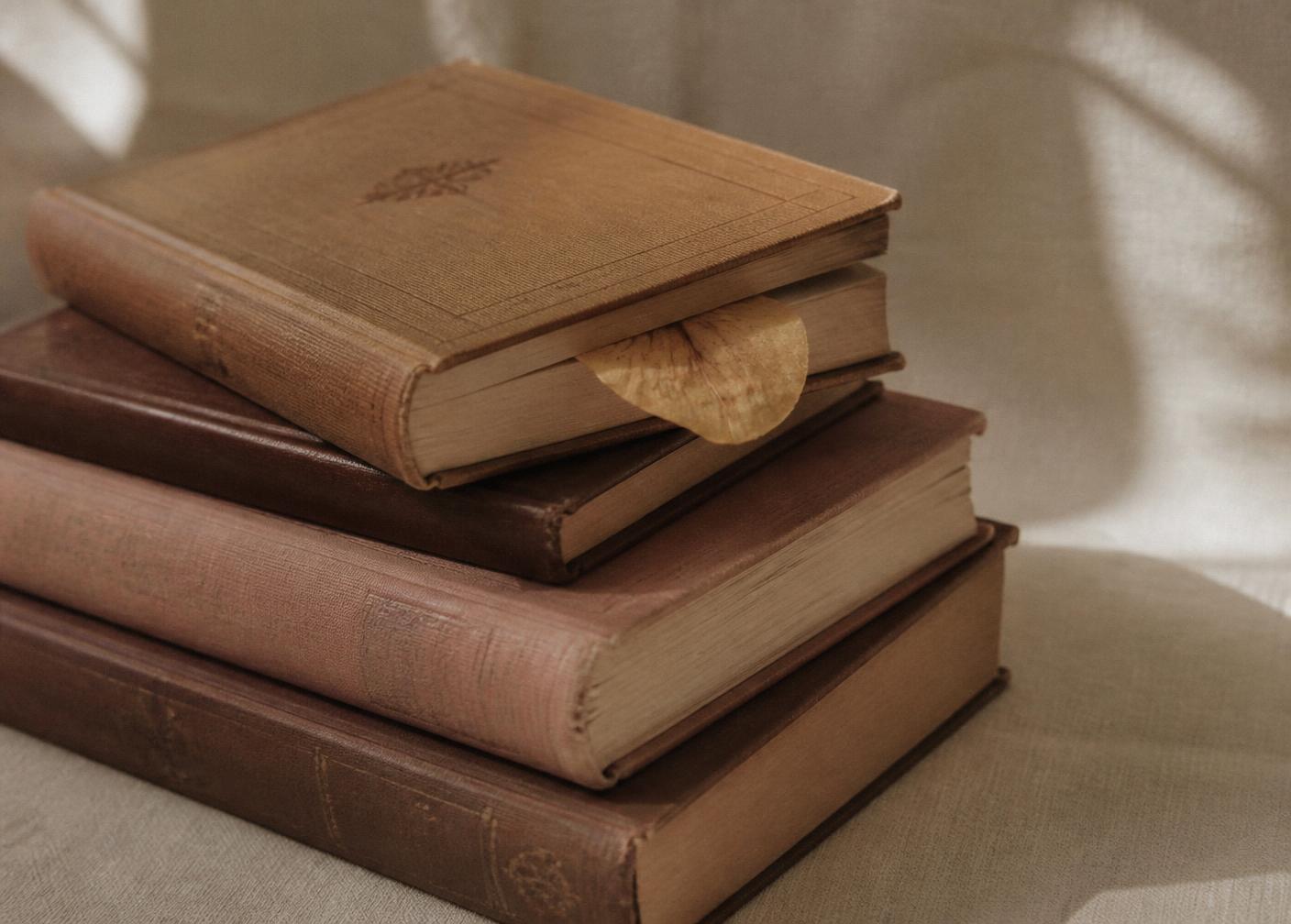 Pilha de livros antigos de capa marrom e rosa sobre tecido de linho